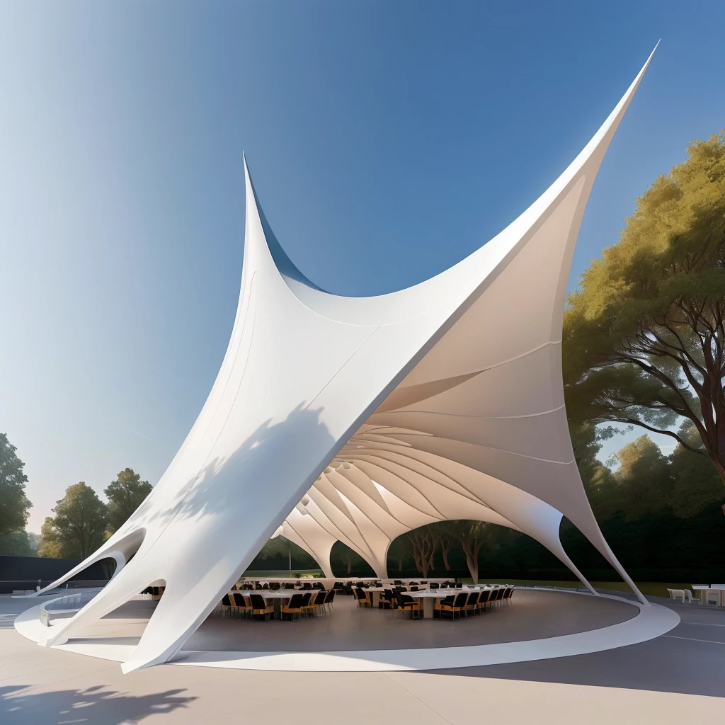 There is a big white tent,There are tables and chairs below, tent architecture, Covered outdoor stage, Web portals. Zaha Hadid, Moonlight Rendering, Zaha Hadid octane highly render, in style of Zaha Hadid architect, pavilion, Zaha Hadid architecture, Futuristic Church, Height Rendering, canopee, architecture Zaha Hadid, Zaha Hadid style architecture, Grand design, in style of Zaha Hadid