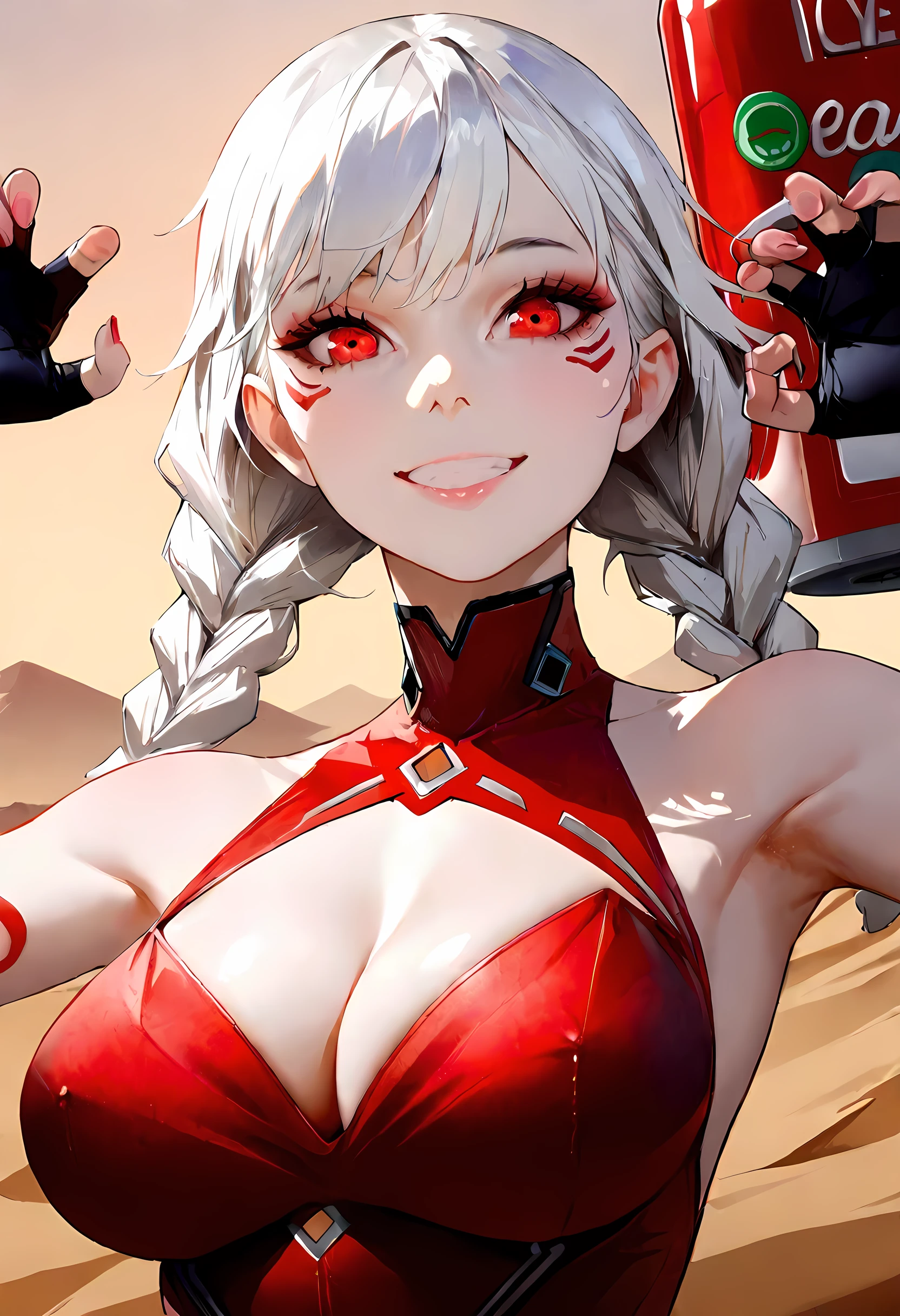 1 girl,(solo),(high-level image quality),(hight quality),(hight resolution),(detailed),(masterpiece),(artwork:1.2),(realistic),(semi-realistic),looking at viewer, standing,Detailed eyes, perfect face, perfect eyes, Detailed face,(soft shading),red eyes,white hair, (long twins braids),(leg tattoo), (cyber futuristic red leotard), fingerless gloves, (soda machine),(desert background),(erect pose),(below glasses),thong,(portrait:1.2),smile, cleavage,