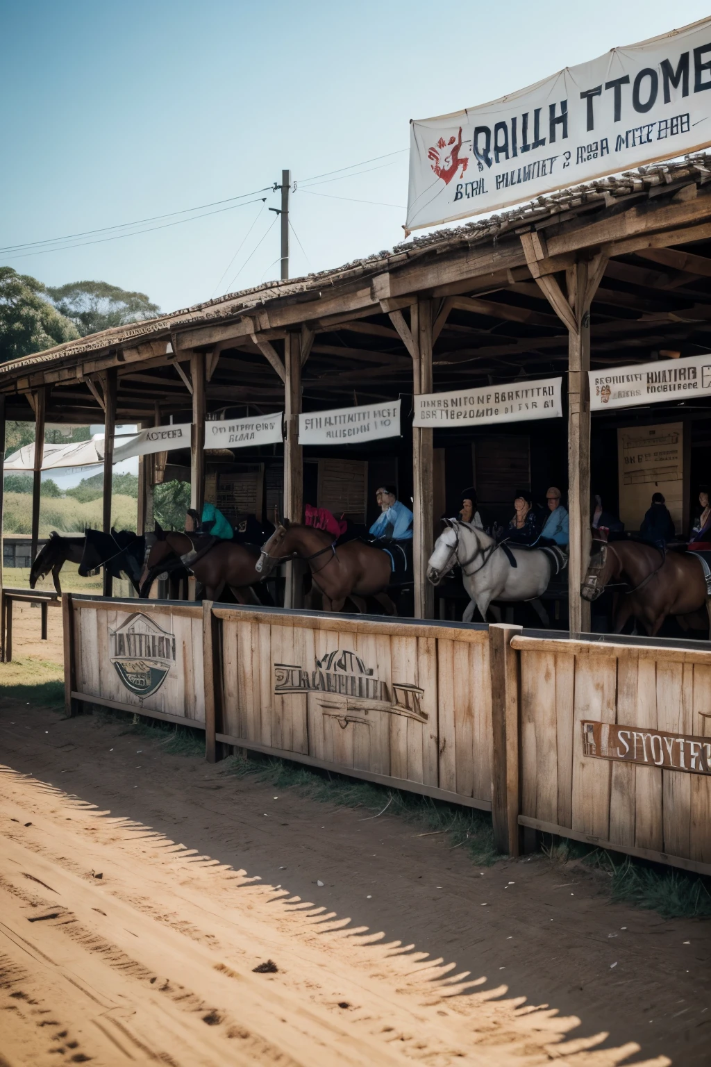 ((best qualityer)), ((work of art)), (detailded), Banner with a rustic sign on top with the writing: III PRADO VALENTIM PEREIRA HORSE RACE, LOGO BELOW HORSES RUNNING AS BACKGROUND, Write: September 21st, in the town of São José, SAINT LAWRENCE. Adamastor organization and family 