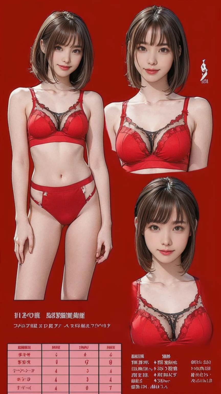 10:24:23
((masterpiece)),(((Highest quality))),((Reference Sheet, Character Design)), Highest quality,masterpiece,Ultra-high resolution,Original photo,Ultra-high resolution,Three beautiful women,Flashy makeup using red eyeshadow,Big smile,Short cut with side waves,Wearing a red bra,Wearing red panties