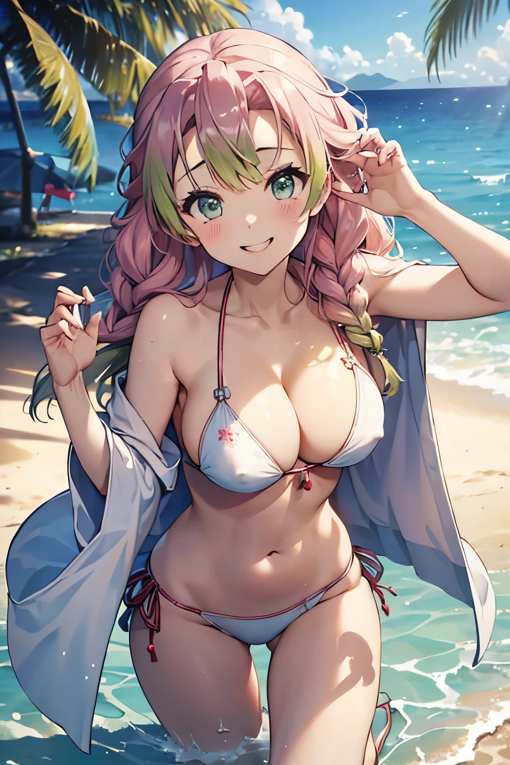 (8K、masterpiece、Highly detailed background、high resolution)、(Mitsuri Kanroji)、Cleavage、(beach、White Bikini、Swim ring、Gravure pose、Embarrassed smile、Nipple protrusion)