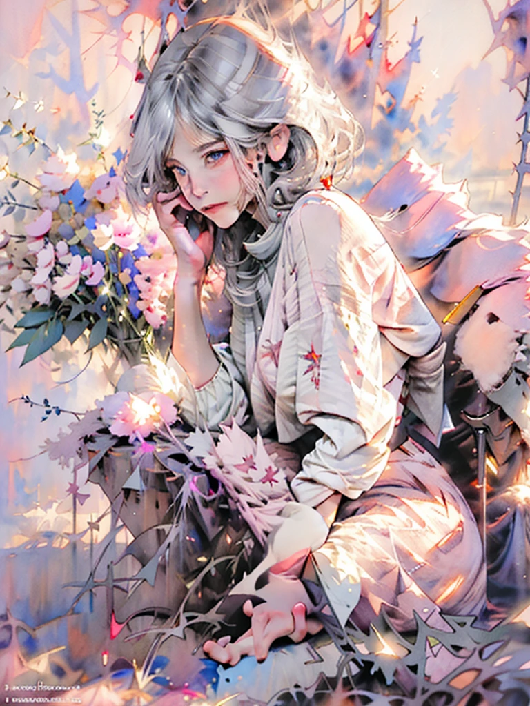 ((masterpiece)), ((best quality)), (ultra-detailed), ((extremely detailed)), 4K, (8K), best quality, a beautiful woman, ((beautiful light gray hair)), shiny hair, ((fluffy bob cut)), light blue eyes, freckled skin, flushed cheeks, 20 years old,
1girl,flower, Lisianthus ,in the style of light pink and light azure, dreamy and romantic compositions, pale pink, ethereal foliage, playful arrangements,fantasy, high contrast, ink strokes, explosions, over exposure, purple and red tone impression , abstract, ((watercolor painting by John Berkey and Jeremy Mann )) brush strokes, negative space,