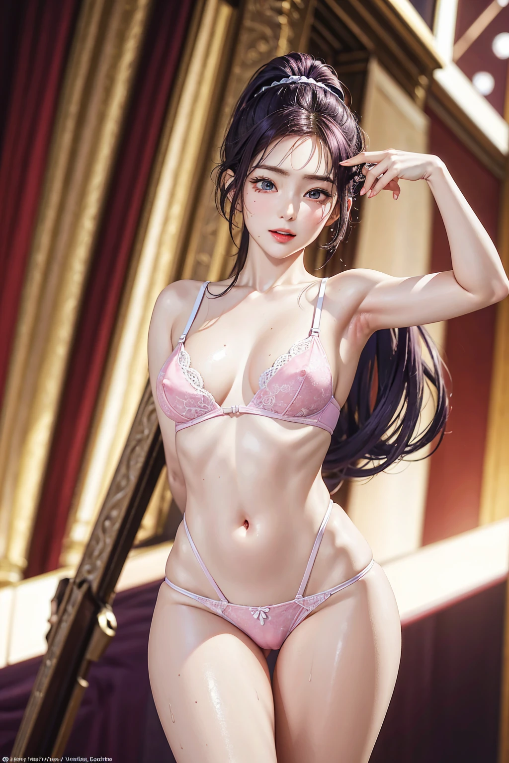 (Finest quality)),(A high resolution),(ultra-detailed art),(Meticulous portrayal),((Best Anime)),(Finest works of art),sharpness,Clear,Ultra-Precision Art,The art of astounding depiction,(masterpiece), high quality, stable diffusion, 

short Hair, short ponytail, purple hair, vibrant purple hair, extremely detailed hair, detailed bangs, with bangs, 

pretty face, beautiful lips, soft lips,pretty face, close up face, gorgeous beauty, 
green eyes,
serious face, pretty nose, beautiful nose, perfect nose, pretty eyes, beautiful eyes, sparkling eyes, detailed eyes, perfect eyes, looking at the camera,

happy, jolly, smiling, seductive, blushing, bukake, happy face, jolly face, excited face,


clear skin,white skin, soft skin, small bust, small breasts, smooth skin, mole in breast, 
beautiful girl irene, red velvet irene, 

slight cleavage, expose shoulders, perfect body, detailed thighs, detailed legs, perfect hands, perfect arms, detailed hands, detailed breasts, detailed nose, detailed lips, detailed arms, sexy body, 

small bra, micro bra, small panty, micro panty, camel toe,

single person, one female only, one human only, one person only, single female, show tongue, sexy thighs, sexy tongue, drooling, 
show whole body, fully body woman, 
pretty woman,sweaty face, sweaty thighs, sweaty breasts, sexy, seductive, horny, pointy nipples, pinkish nipples, pinkish areola, pinking camel toe, 

transparent nipples, transparent panty, 
heart hand sign,

slimy hair, slimy wet body, slimy body, slimy breasts, 

standing full body, focus on breasts and panty,
show legs, show thighs,