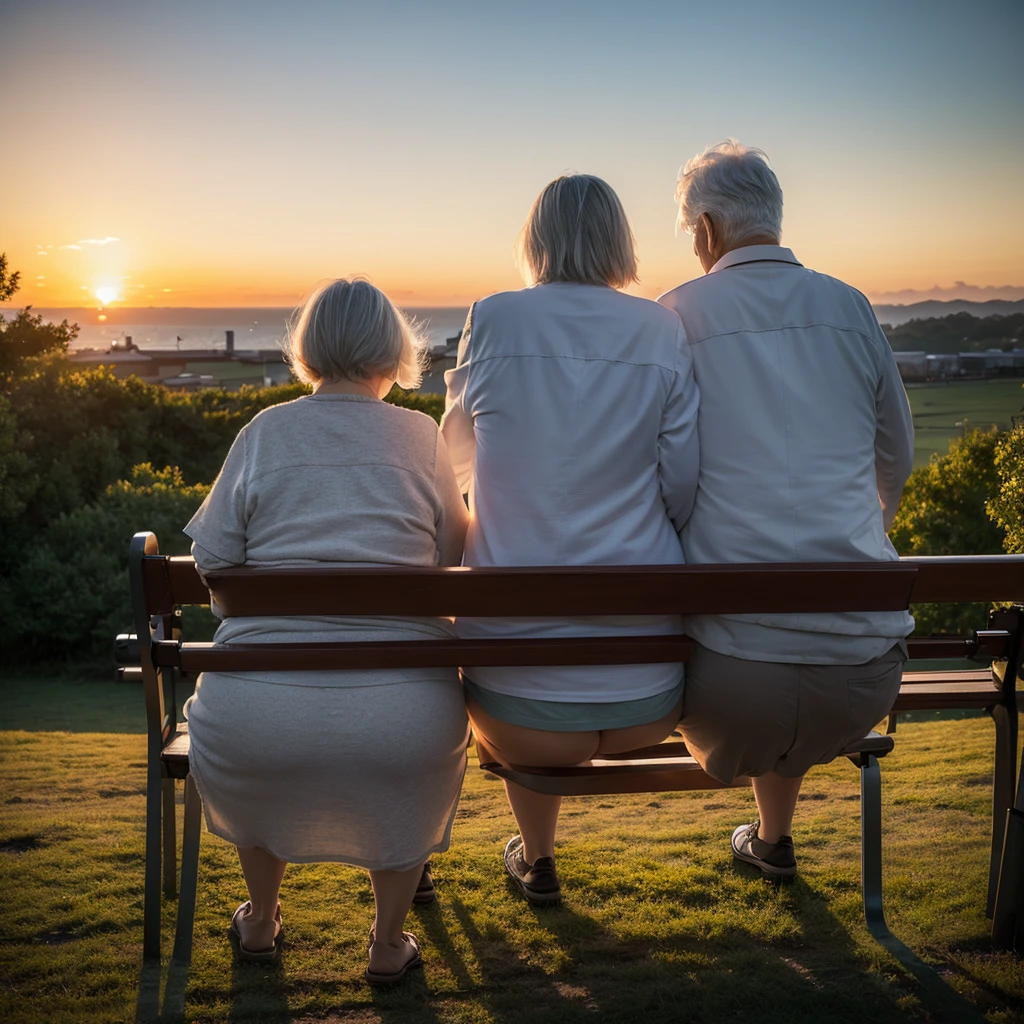 (Two slightly fat white-haired elderly people),Back on the bench,Leaning together,(looking at the sunset),(peaceful), Sky,Cartoon,