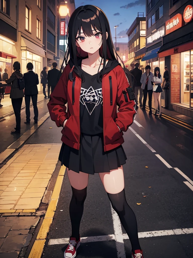 Anime girl, waiting hand, full body, street, embarrased face, agers, black t-shit, red jacket, open jacket, black stocking, black short skirt