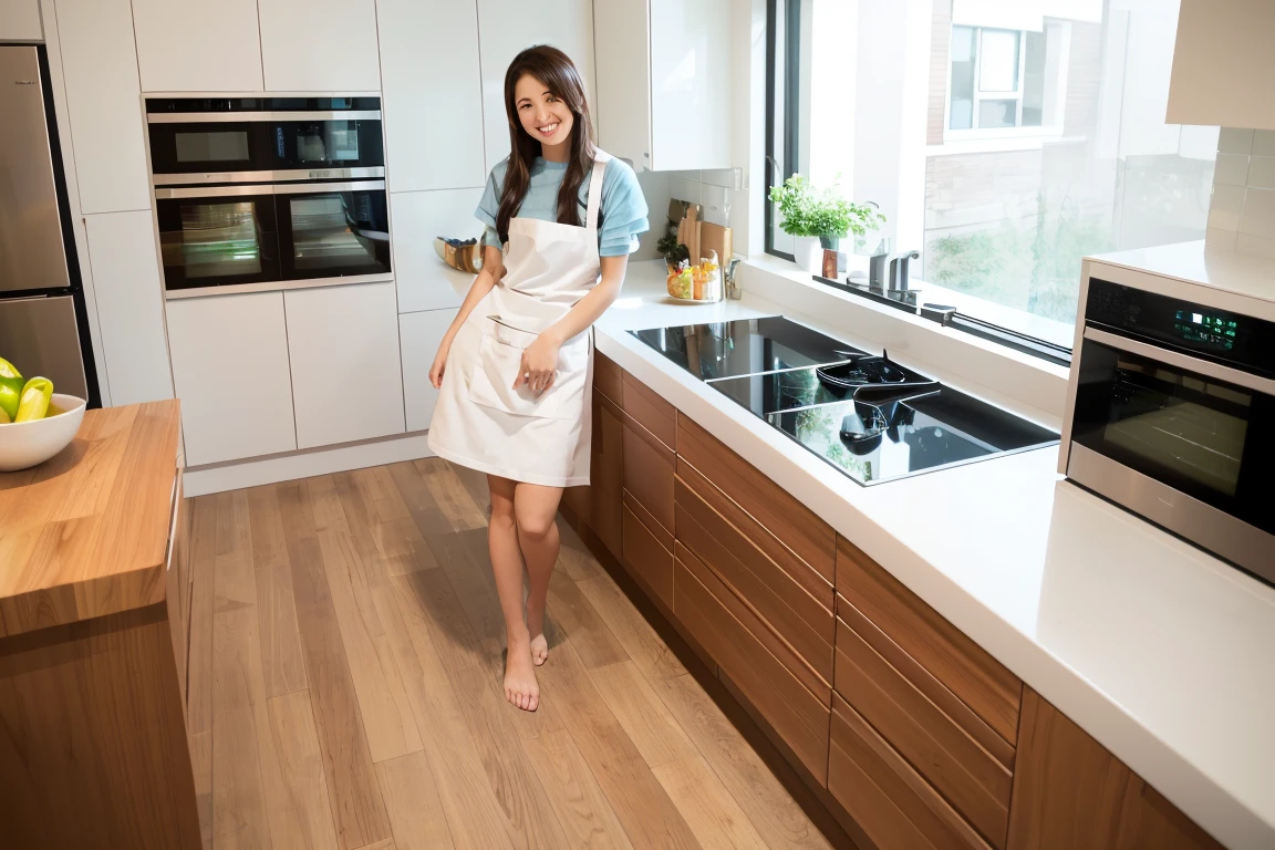 (Tabletop、Highest quality、8K、Award-winning works、Ultra-high resolution)、One beautiful woman、(Wearing the most natural and perfect apron:1.1)、(Naked Apron:1.2)、Long Hair、(Look at me with your best smile:1.1)、(Show off your beautiful teeth and get the best smile possible:1.1)、perfect beautiful teeth、Accentuate your body lines、(Bust up photo:1.1)、(Above the waist photo:1.2)、Big Breasts、(The most natural and practical kitchen:1.1)、(Perfectly organized and clean kitchen:1.1)、(Modern and elegant kitchen:1.1)、(Perfect kitchen with state-of-the-art induction cooktop:1.1)、(Beautiful and unified modern kitchen:1.1)、(very bright:1.2)、(very bright and vivid:1.2)、bright、very bright、that&#39;that&#39;Very vivid、The most vivid、High chroma、Glowing Beautiful Skin、Fresh and beautiful, perfect windows、Ultra-high resolutionのperfect beautiful teeth、(Ultra HD glossy skin:1.1)、(very brightly lit、bright and glowing skin:1.2)、Ultra-high definition sparkling eyes、(Accurate anatomy:1.1)、(The most graceful and perfect posture:1.1)、Big Breasts((Crotch shot from below:1.45))