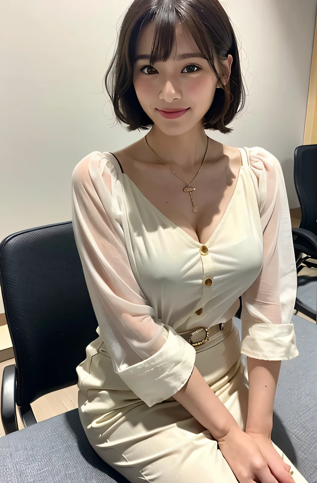 ((8K:1.27)、Highest quality、masterpiece、Ultra-high resolution:1.2)Photo Beautiful Japan woman (Comfortable:1.1) (White clothes:1.21) Designed by Greg Rutkowski and Alphonse Mucha Exquisite Elegance、Fantasy、detailed、geometry、Gradient lighting、One Girl、26 years old、Delicate skin、Looking at the audience、Brown eyes、(Flaxen short hair:1.2)、(Very large breasts:1.0)、(middle breast wheel:0.8)、(Photorealistic:1.4)、(Highest quality:1.0)、(Ultra-high resolution:1.0)、(Without the use of hands:1.0)、8K、Raw photo、 (Representative Song: 0.2), (Purelos Face_v1:0.5)、White shirt、Stop all buttons、On the chest、office、conference room、In a meeting、Tight clothing、Listen to the story、No sleeve、one piece、No sleeve、See through、smile、shortcut、Swept-apart bangs、necklace、laptop、Conference table、Sit on a chair、Thicker body、28 years old、Erotic atmosphere、
