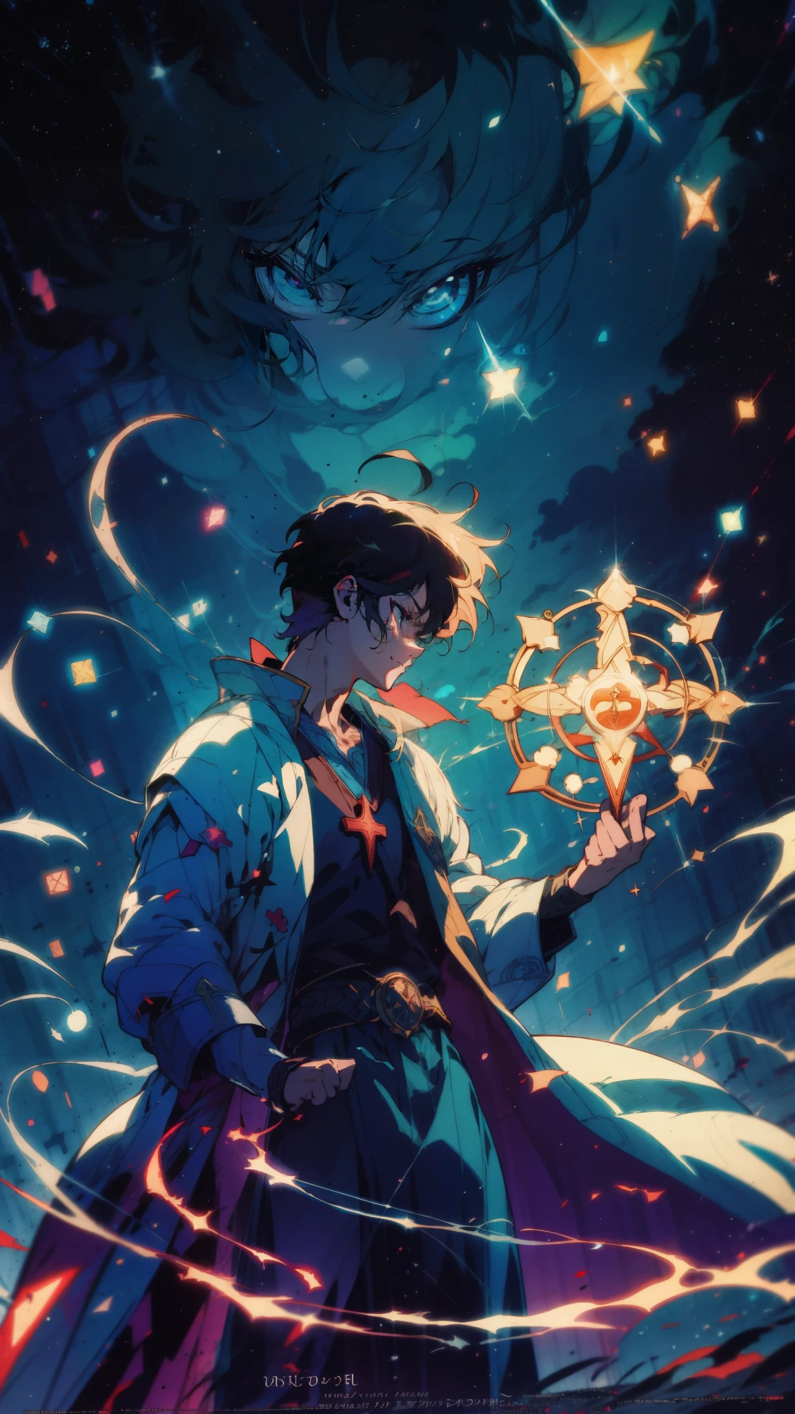 Teenage sorcerer standing alone, abstract action scene, mid-shot, channeling energy through a cross sigil, specks of light swirling in the air, cinematic lighting, vibrant colors, abasterpiece)), ((best quality)), ultra detailed,((illustration)), dynamic angle, detailed light, (delicate eyes), (ahoge:0.8),apathy, ray,frontage,style of anime4 k, 4k anime wallpaper, badass anime 8 k, 4 k comic wallpaper