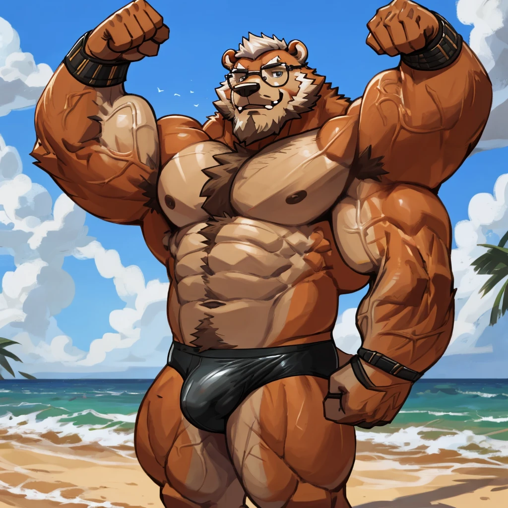 solo, 1boy, Huge Muscular Old Grizzly Bear wearing glasses , pectoral, huge pectoral, wide pectoral, brown fur, short white hair, black competitive briefs, wristbands and shirtless topless, bearded, brown Mustache, muscle beach background, masterpiece, high detailed, 8k, high resolution, at the muscle beach flexing whole body veiny