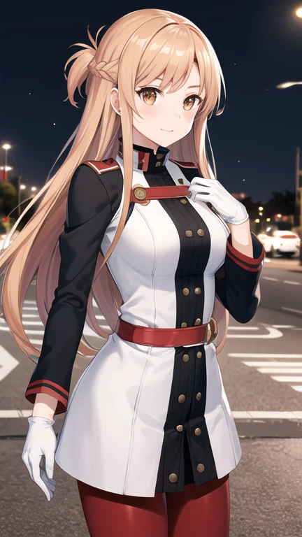 masterpiece, best quality, highres, ccasuna, long hair, brown hair, brown eyes, uniform, jacket, long sleeves, white gloves, belt, red pantyhose, standing, cowboy shot, street, night