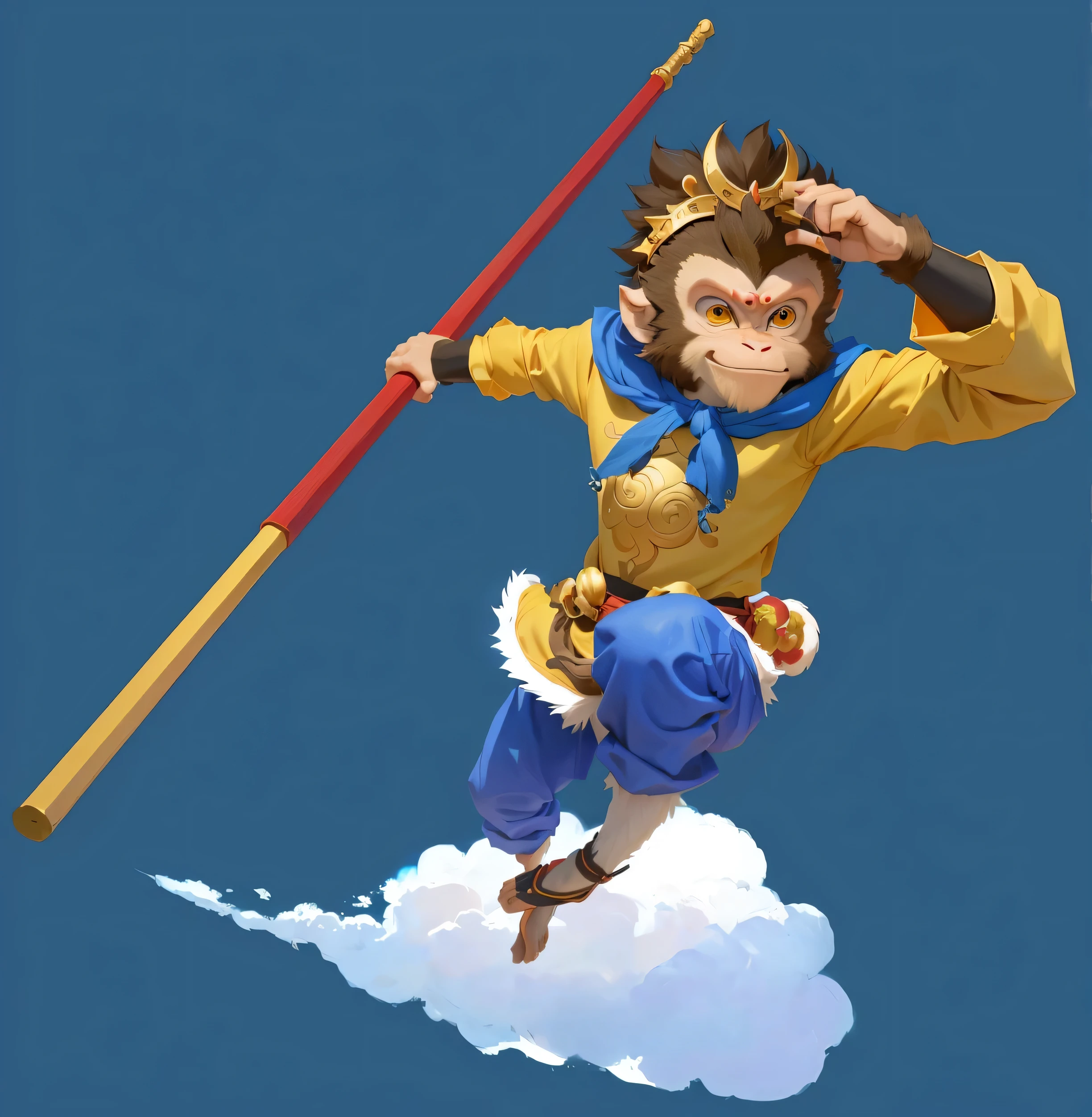 A cartoon image of a monkey holding a pole, sun wukong, wukong, Sun Wukong, Journey to the West, hold head high, avatar hold head high, Inspired by Hu Zaobin, Akira in Chinese mythology, feng shu, girl, Humanoid monkey fantasy race, mana in the air, Smart monkey with long knife