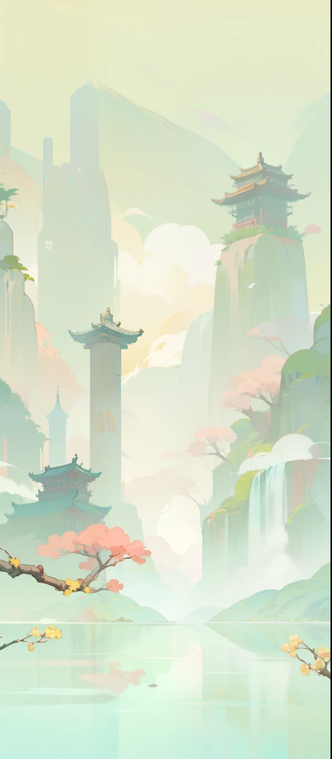 A Chinese feng shui foam scene, with mountains, green trees and pink peach trees in the long distance, shrouded in clouds, and lakes in the close view, cartoon style, hand-painted style,