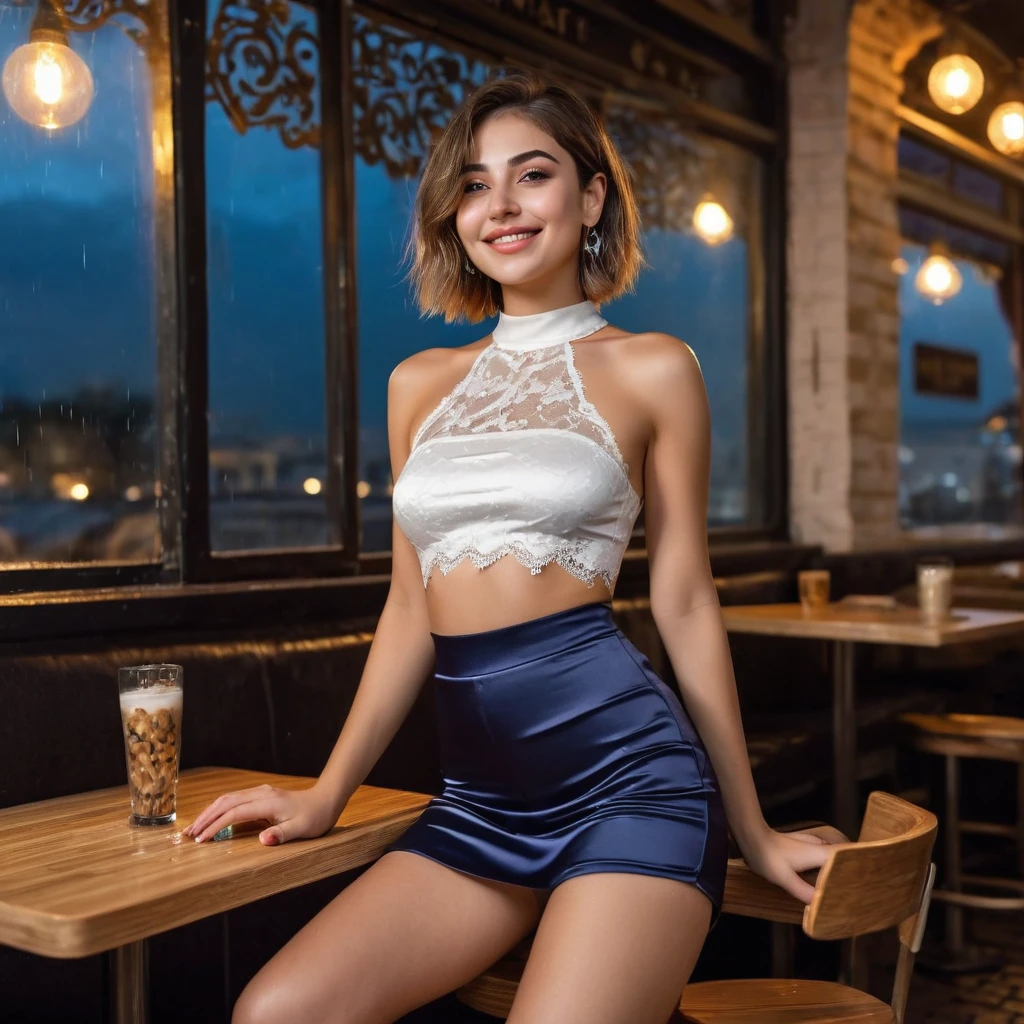 Stunning Armenian woman,(8k, best quality, masterpiece:1.2), (realistic, photo-realistic:1.37), ultra-detailed, 1 girl,cute, solo,beautiful detailed sky,detailed cafe,night,sitting,dating,(nose blush),(smile:1.15),(closed mouth) small breasts,beautiful detailed eyes,, night, wet, rain,white lace, (short hair:1.2),floating hair NovaFrogStyle, flowing high waist satin skirt, ((wide hip, thick thigh, protruding ass)), perfect body proportion, flowing long pant,  full length,  wearing leggings and crop top