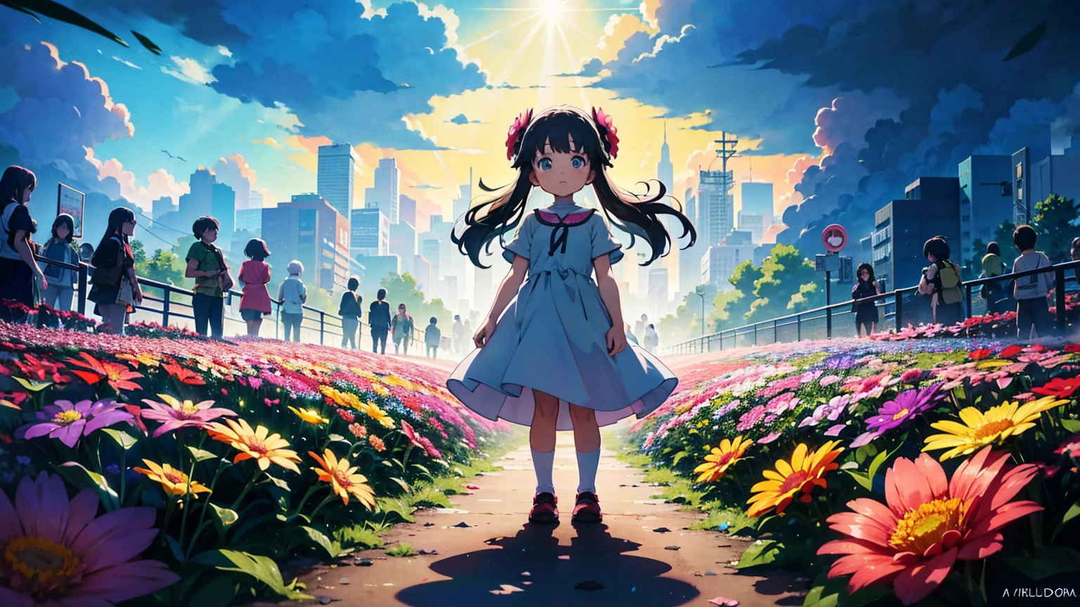 A vibrant flower blooms on the dirty ground of a large gray avenue. A crowd of gray, soulless people crosses the streets. A colorful , glowing with bright hues, stands protectively over the flower, protecting it with her little hands and determined eyes. Sunlight breaks through the dark clouds. Studio Ghibli style