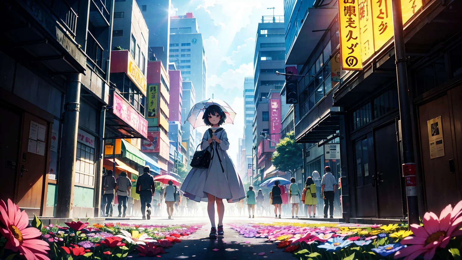 A vibrant flower blooms on the dirty ground of a large gray avenue. A crowd of gray, soulless people crosses the streets. A colorful , glowing with bright hues, stands protectively over the flower, protecting it with her little hands and determined eyes. Sunlight breaks through the dark clouds. Studio Ghibli style