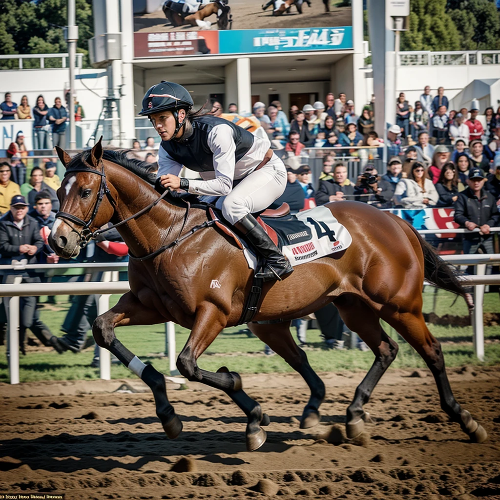 Make an image of a horse galloping in a horse race moving at 50 miles per hour