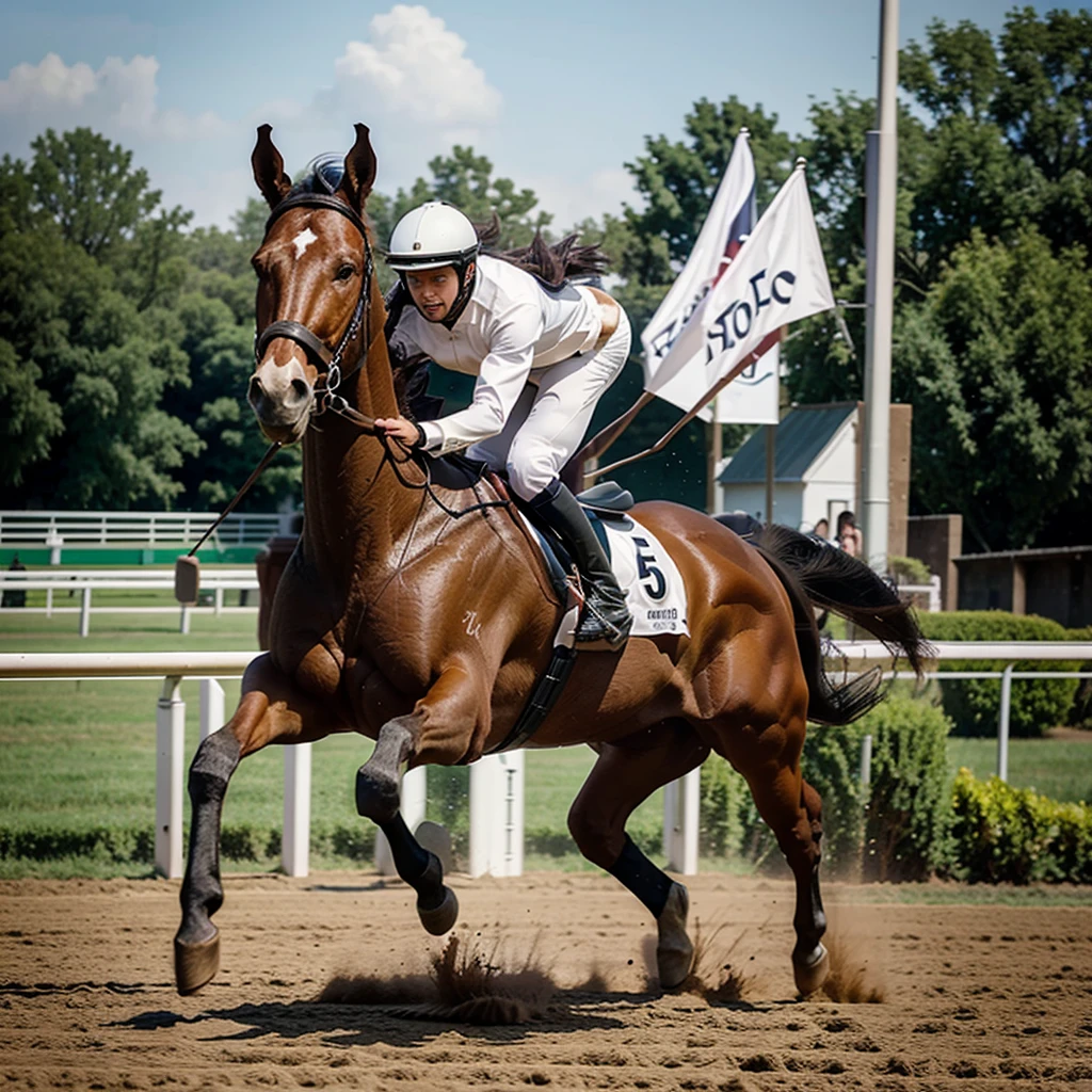 Make an image of a horse galloping in a horse race moving at 50 miles per hour