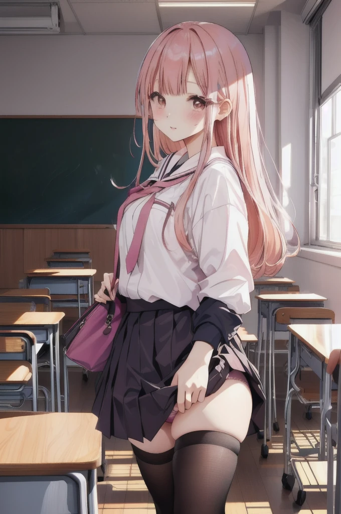 Slanted Eyes、Buns under both ears、Pink Hair、Pink Hair、Pull up your skirt、high school girl、Japanese 、classroom、Pull up your skirt、Showing panties、黒いShowing panties、Blushing、Pink Hair