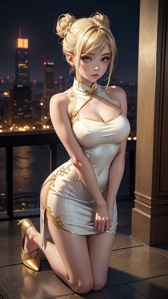 (masterpiece), (best quality), (detailed), light layer, 1solo girl, young girl, perfect body, blonde bun hairstyle , defined chest, defined collarbone, ultra realistic, photorealistic, detailed, ,Enhance, wearing a white and gold short cheongsam, cityscape at night background, kneeling