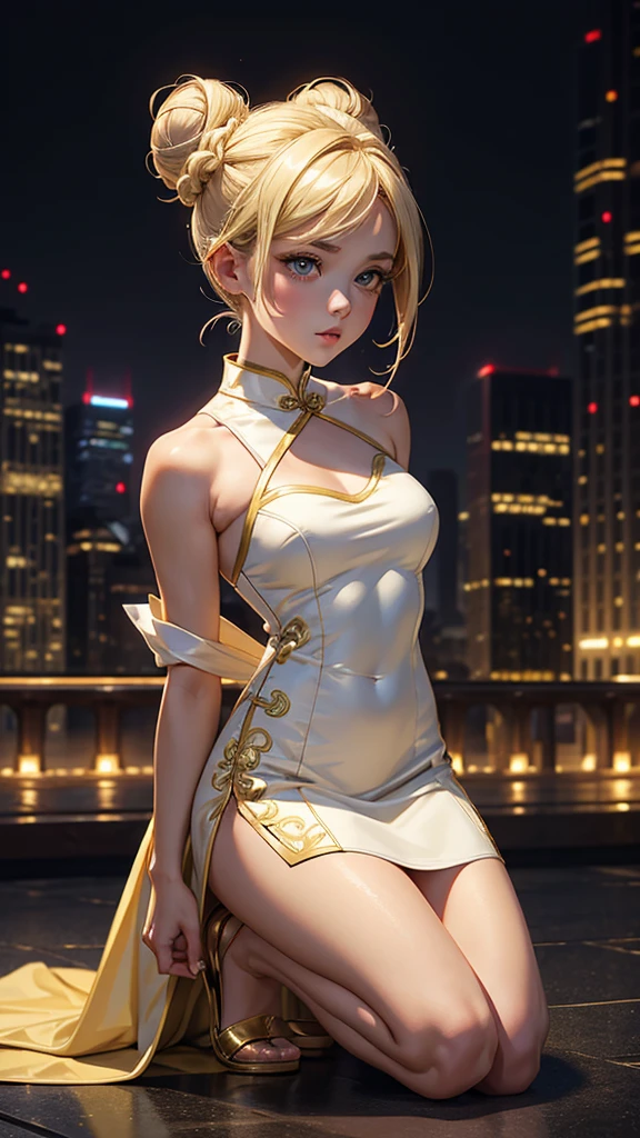 (masterpiece), (best quality), (detailed), light layer, 1solo girl, young girl, perfect body, blonde bun hairstyle , defined chest, defined collarbone, ultra realistic, photorealistic, detailed, ,Enhance, wearing a white and gold short cheongsam, cityscape at night background, kneeling