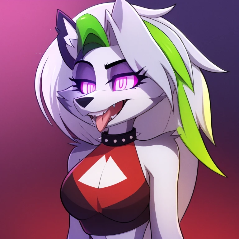 best quality, (roxanne fused with loona:1.1), solo, furry female, body fur, makeup, sexy clothes, hypnotized with completely spyral glowing purple eyes with no irises or pupils, tongue out,