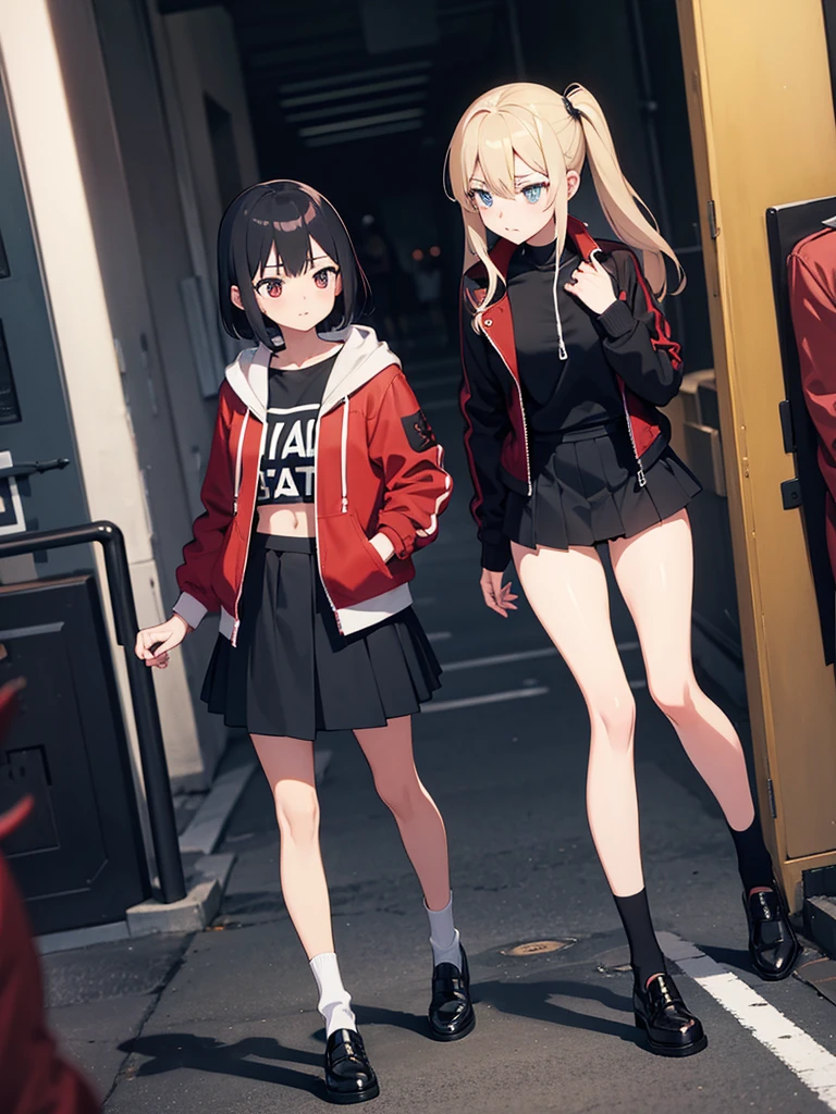 Anime girl, waiting hand, full body, street, embarrased face, Teenagers, black t-shit, red jacket, open jacket, black stocking, black short skirt, only 1 girl in frame