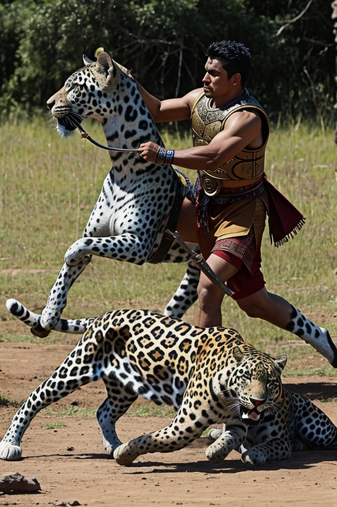 Toltec warrior fighting a jaguar