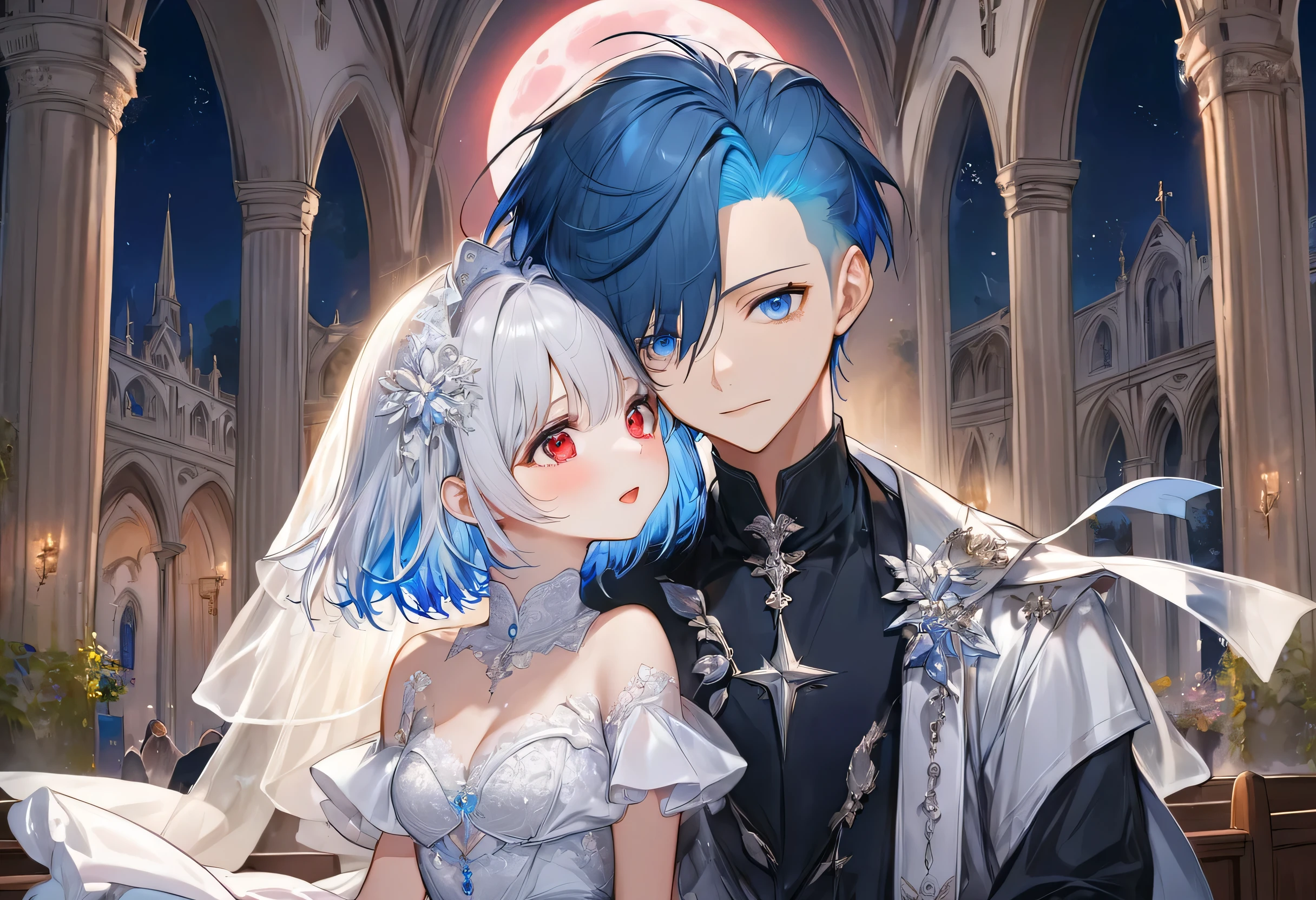 (nemdoroid:1.7) ((boy and girl, boy is hqging her head)), (a crew cut silver hair very short hair divine cool boy, detailed red eyes, Confusion face, flat chest), break, (a forehead blue hair long hair cute bride girl, cute blue eyes), (in the Chapel Terrace), (background detailed biggest pink moon), BREAK, perfect anatomy, masterpiece, best quality, 16k, beautiful detailed night, daydreaming expression.
