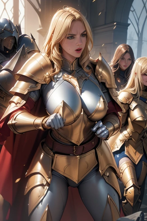 Female Paladin, Beautiful Face, Blonde, Big Breasts, Golden Plate Armor, Red cape with belt, Large two-handed mace, Soft lighting, Ultra-fine detail, photo Realistic, World of Warcraft, Highest quality,Super detailed,Realistic,(Female Paladin),(((Intense Battle)))),(Dramatic lighting),((((battlefield)))),(Sharp focus),(Paladin's Determined Look),(Thick armor),(Wielding a weapon),(Forest Background),(Epic clash),(flying debris),(martial arts),(Body movements),(High resolution textures),(Emotionally-charged combat),(Powerful Hit),(Tense atmosphere),(Fierce confrontation),(Action-packed),(Vibrant colors),(Dynamic pose),(Fearlessness),(Heroic Battle),(Muscular physique),(Warrior battle cry),(intense energy),(Paladin's Victory),(Sweat and Blood),(rippling muscles),(Hand-to-hand combat),(Paladin Dexterity),((Battle scars)),(Paladin Battle Cry),(Paladin fighting stance),(Awe-inspiring),(Detailed facial features),(Female Paladin's determination),(((Epic battle scenes:1.3))