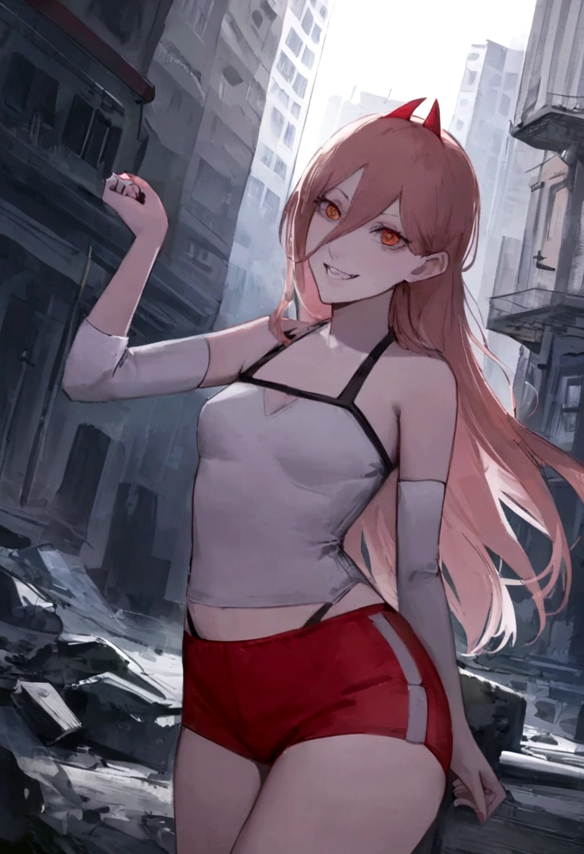 (best qualityer),1 girl ,with a seductive look, and a carefree smile ,wearing short bad girl clothes, with short red sports shorts, in a post-apocalyptic city