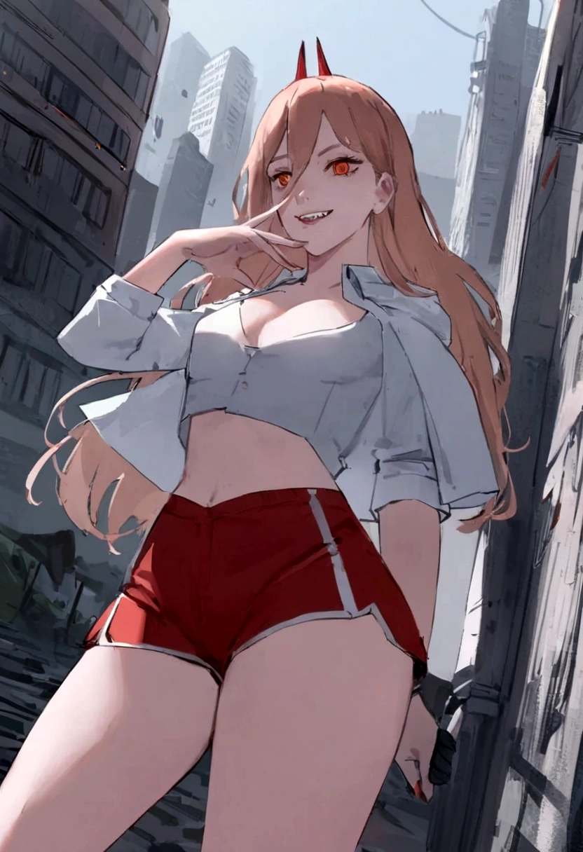 (best qualityer),1 girl ,with a seductive look, and a carefree smile ,wearing short bad girl clothes, with short red sports shorts, in a post-apocalyptic city