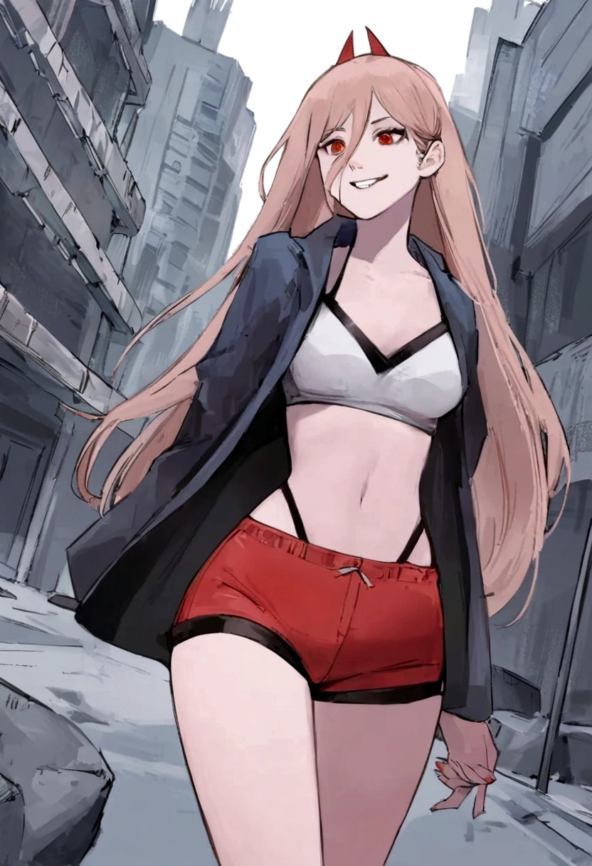 (best qualityer),1 girl ,with a seductive look, and a carefree smile ,wearing short bad girl clothes, with short red sports shorts, in a post-apocalyptic city