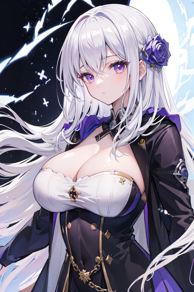 (masterpiece, highest quality:1.2), highest quality, masterpiece, high resolution, Anime style, portraiture, long hair, Silver hair, , oversized coat, purple eyes, ((big breasts, huge breasts, magic, magic square, magician