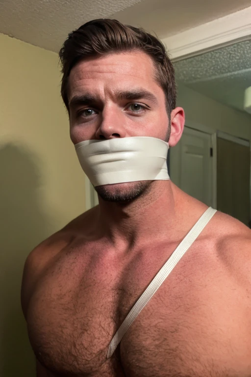 handsome 40s man, muscular, stubble, bearded, hairy chest, short brown hair, looking at viewer, sad, tape gag, tape wrapped around face, tape wrapped, wrap gag, tightly bound