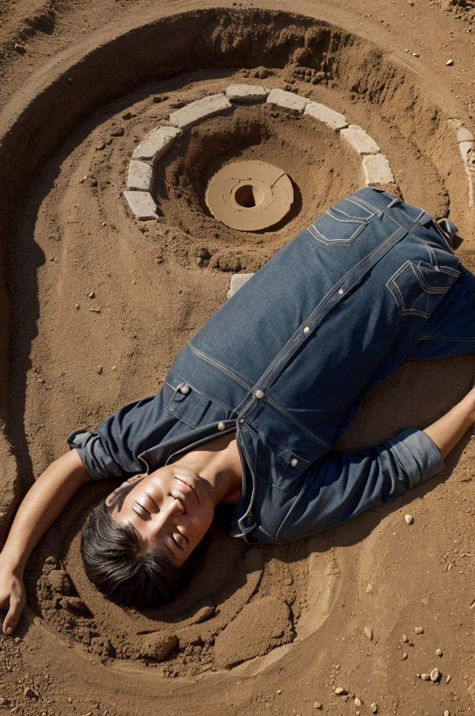 Realistic character on his back lying in a hole in the ground from the Spanish Civil War