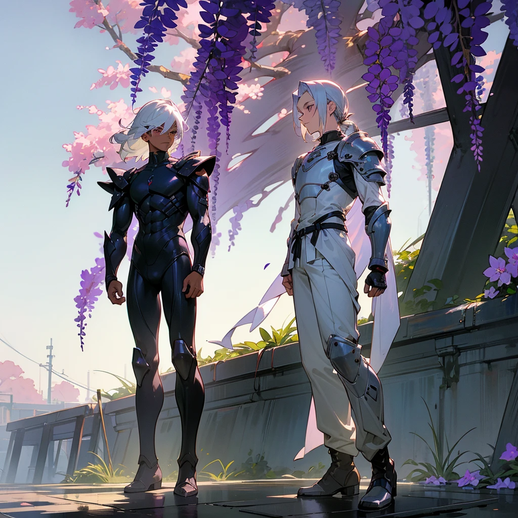 1male, young adult, dark skin, finely detailed plum eyes, wild medium hair, seashell white hair color, full body combat suit, shoulder armor pieces, combat boots, baggy miltarty combat pants, standing on ruined building, day time, tokyo streets, somber expression, muscular, tattoos, wisteria flowers, scars
