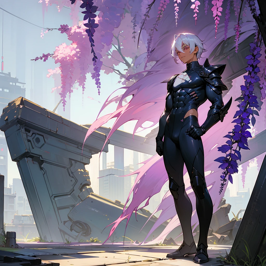 1male, young adult, dark skin, finely detailed plum eyes, wild medium hair, seashell white hair color, full body combat suit, shoulder armor pieces, combat boots, baggy miltarty combat pants, standing on ruined building, day time, tokyo streets, somber expression, muscular, tattoos, wisteria flowers, scars