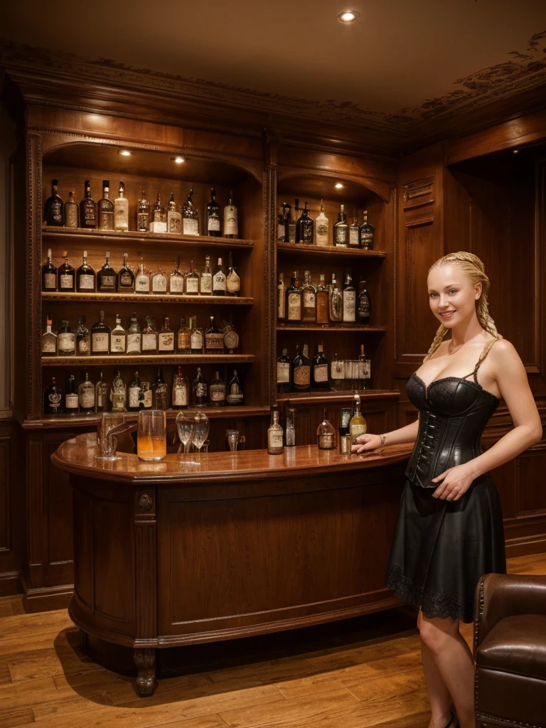 solo, realistic, photorealistic, natural lighting, (large forehead, (((Latvian woman))), (((Latvian nose))), (((Latvian eyes))), (((blonde))), (((braids))), (((Latvian face))), (((Latvian lips))), (((Latvian body))), (((fair complexion))) pose: standing, smiling, wearing Corset-Style Dress , cleavage, , background:A timeless whiskey bar steeped in history and tradition, with leather armchairs, mahogany furnishings, and a collection of rare spirits lining the shelves. The ambiance is warm and inviting, with live jazz music and the aroma of aged oak. Guests can savor premium whiskey flights and classic cocktails.