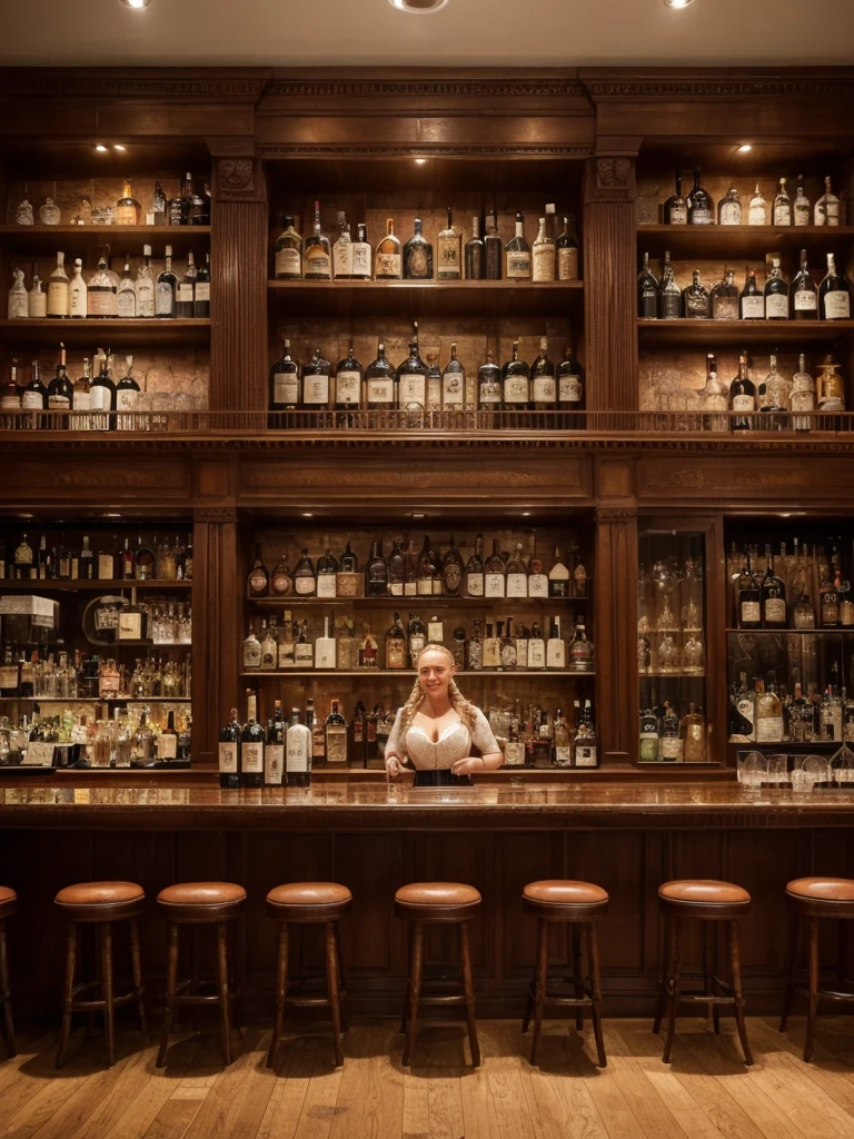 solo, realistic, photorealistic, natural lighting, (large forehead, (((Latvian woman))), (((Latvian nose))), (((Latvian eyes))), (((blonde))), (((braids))), (((Latvian face))), (((Latvian lips))), (((Latvian body))), (((fair complexion))) pose: standing, smiling, wearing Corset-Style Dress , cleavage, , background:A timeless whiskey bar steeped in history and tradition, with leather armchairs, mahogany furnishings, and a collection of rare spirits lining the shelves. The ambiance is warm and inviting, with live jazz music and the aroma of aged oak. Guests can savor premium whiskey flights and classic cocktails.