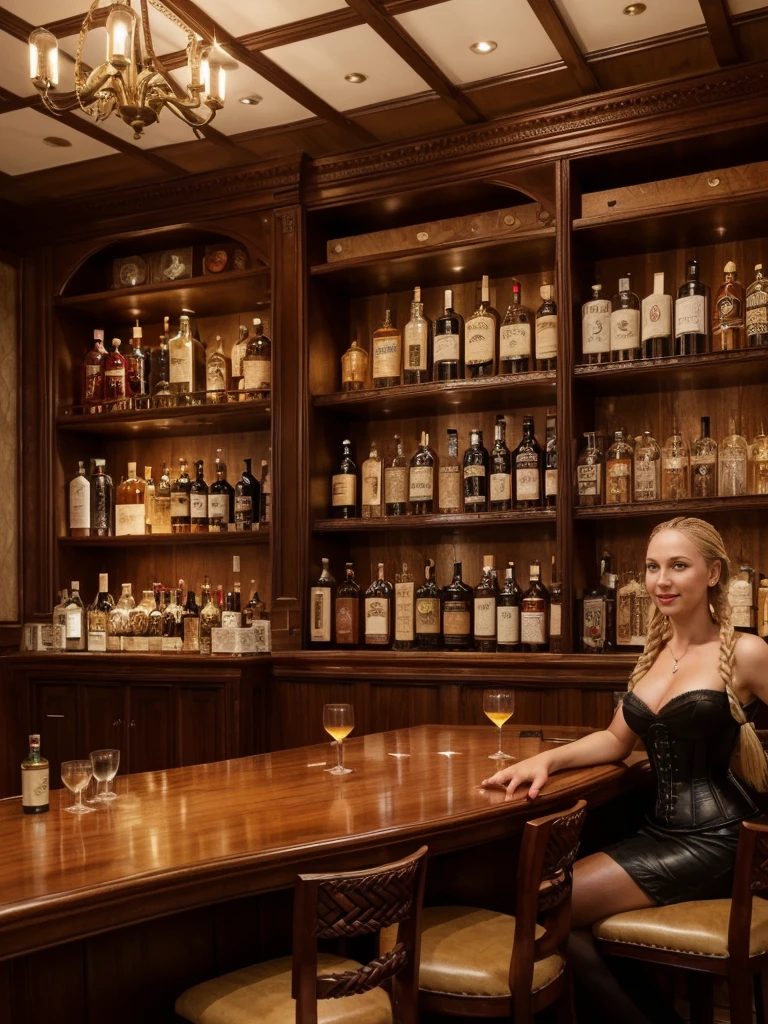 solo, realistic, photorealistic, natural lighting, (large forehead, (((Latvian woman))), (((Latvian nose))), (((Latvian eyes))), (((blonde))), (((braids))), (((Latvian face))), (((Latvian lips))), (((Latvian body))), (((fair complexion))) pose: standing, smiling, wearing Corset-Style Dress , cleavage, , background:A timeless whiskey bar steeped in history and tradition, with leather armchairs, mahogany furnishings, and a collection of rare spirits lining the shelves. The ambiance is warm and inviting, with live jazz music and the aroma of aged oak. Guests can savor premium whiskey flights and classic cocktails.