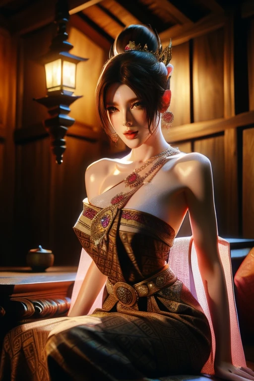 1 18 year old fashion model,Plump shape, [[[[close cleavage]]]], [[[[Big breasts]]]], [[[[Call]]]], [[[[shoulder]]]], perfect eyes, perfect iris，perfect lips，perfect teeth，Perfect beautiful skin，Long face，slender nose，Weak headlights，HDR，light pink clothes，thin red dress，Eyes on the audience,Some traditional Thai costumes，Sitting on a luxury sofa,long magenta hair，ผมยาวมีผ้าคลุมshoulder，The background is external.，Beautiful Thai house background,cool color images