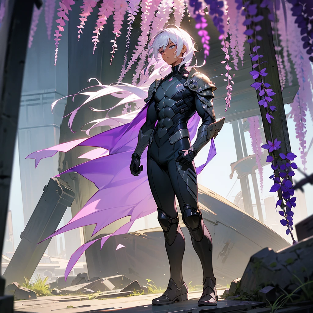 1male, young adult, dark skin, finely detailed plum eyes, wild medium hair, seashell white hair color, full body combat suit, shoulder armor pieces, combat boots, baggy miltarty combat pants, standing on ruined building, day time, tokyo streets, somber expression, muscular, tattoos, wisteria flowers, scars
