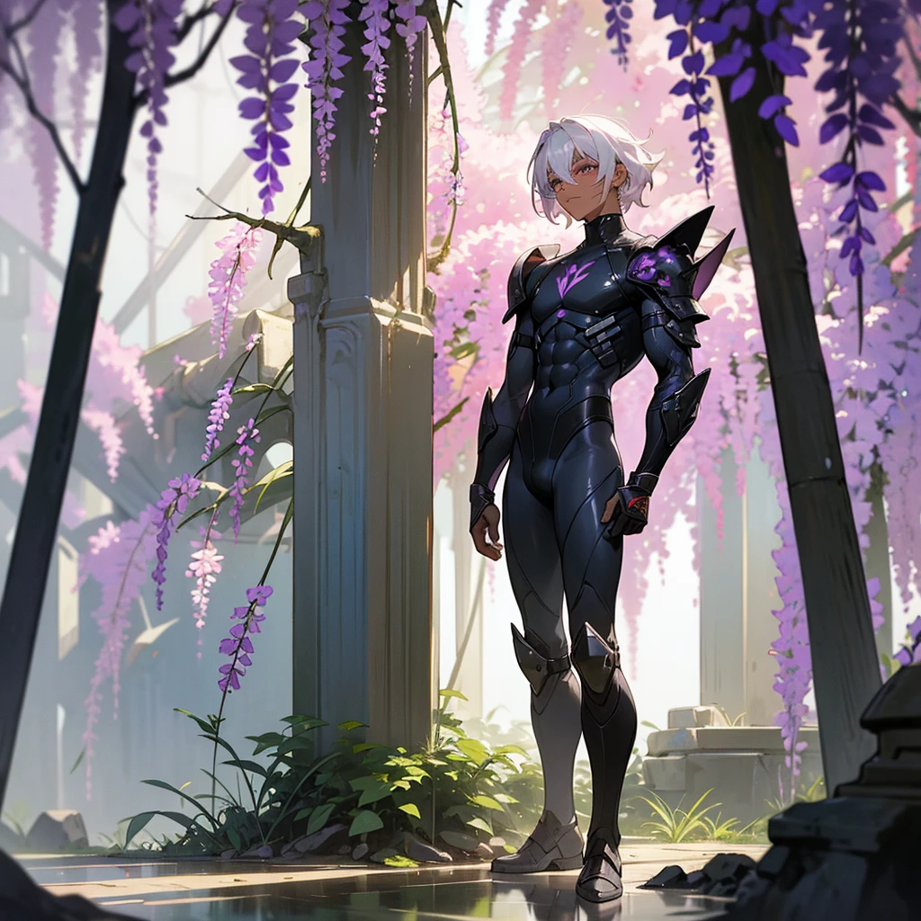 1male, young adult, dark skin, finely detailed plum eyes, wild medium hair, seashell white hair color, full body combat suit, shoulder armor pieces, combat boots, baggy miltarty combat pants, standing on ruined building, day time, tokyo streets, somber expression, muscular, tattoos, wisteria flowers, scars