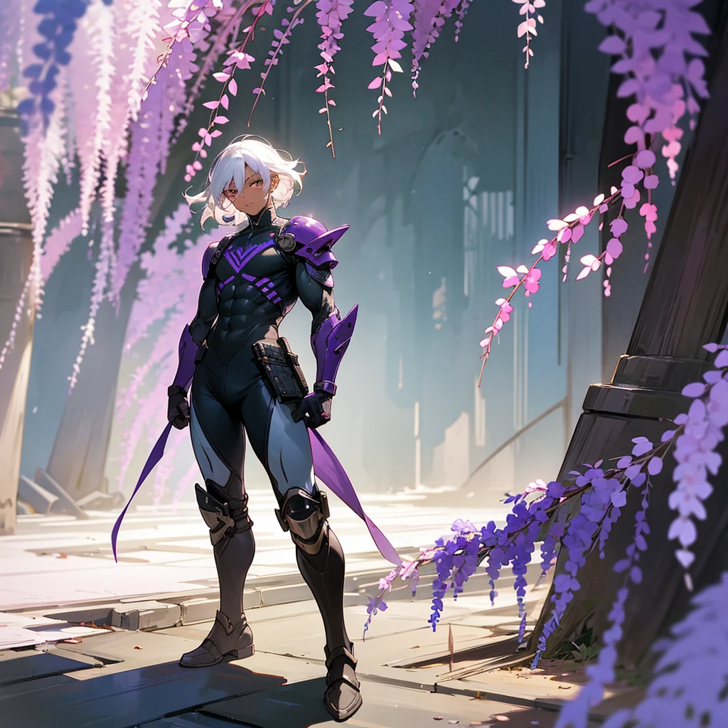 1male, young adult, dark skin, finely detailed plum eyes, wild medium hair, seashell white hair color, full body combat suit, shoulder armor pieces, combat boots, baggy miltarty combat pants, standing on ruined building, day time, tokyo streets, somber expression, muscular, tattoos, wisteria flowers, scars