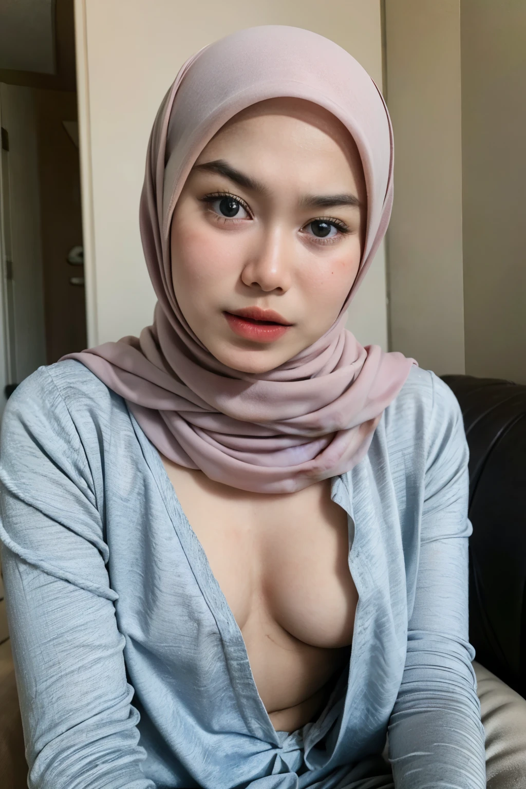 ung woman, pale flawless skin, wearing black lace bra, wearing hijab, kneeling, (full body shot) picture taken from far, (white milk dripping from face), loads, kissing lips, frontal shot, spitting saliva from lips, (small breasts 1.3)