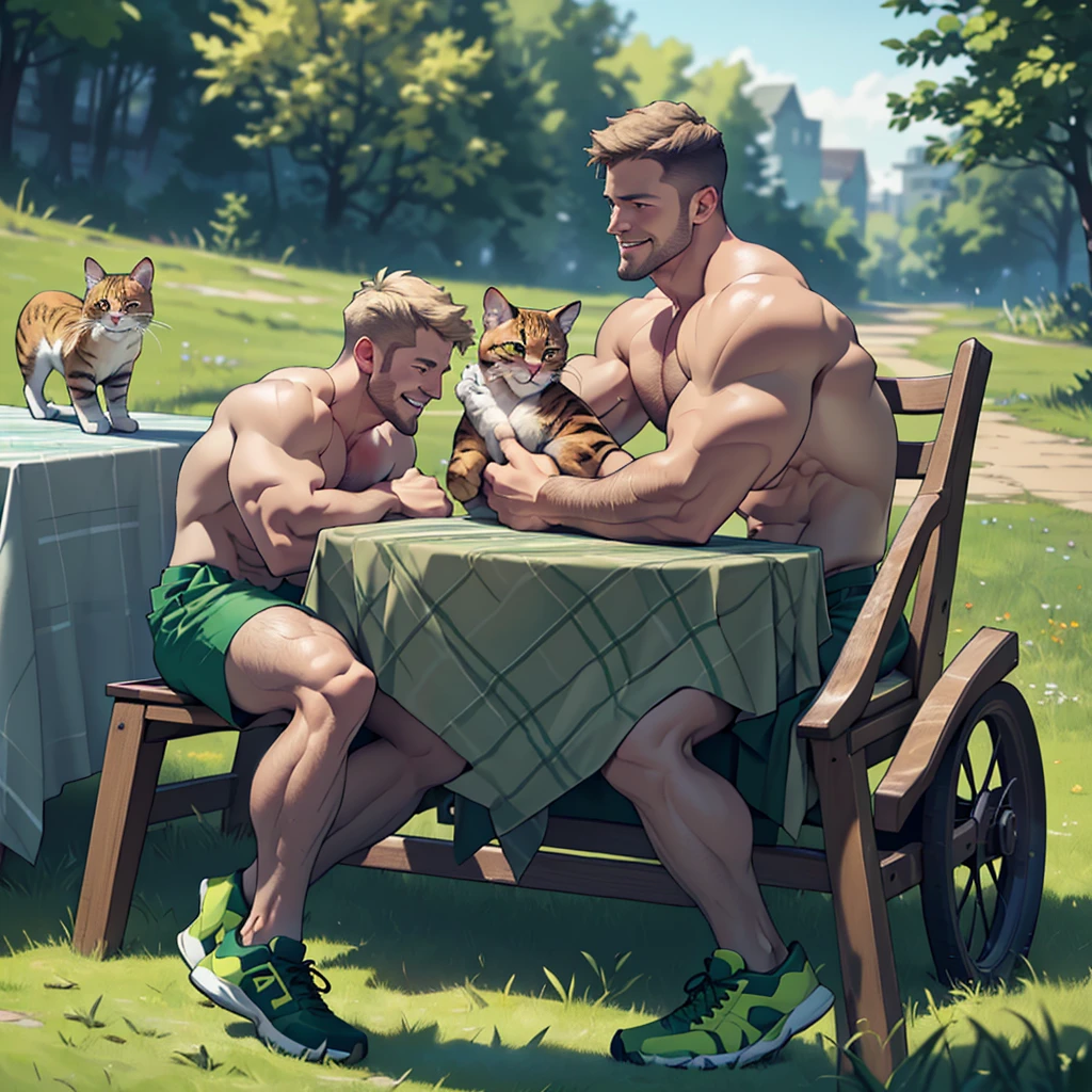 8k , masterpiece, a solo man, dark blond hair ,a dark blond beard well groomed ,a dark blond chest hair , stephen amell with ginger blond cats , about 2 to 3 cats sitting near him, wearing( glasses, topless and hairy chest ,(dark green short ),(dark green shoes),in a park, sitting on a tablecloth spread on the green grass, near him a picnic basket full of food, high well detailed face,detailed fingers ,detailed body parts, focus, happy smile, happy cats, heart-warming scene of lot of cuddling , seen from the front to side