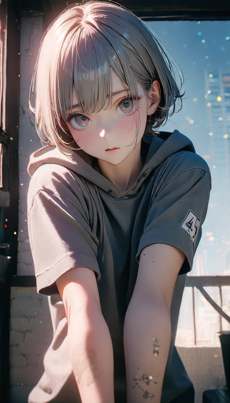 (8K, RAW photos, best quality, masterpiece: 1.4), (((Looking at the countdown on my arm:5:58:12))),Ultra-high resolution, Extremely detailed, light, closeup of arms, Handsome man, black eyes, (delicate eyes, Eyes are bright:1.2), Gray short hair, Fair skin,dark, Grey sweatshirt, sweatshirt with hood,(perfect anatomy:1.2), High-quality shadows, Natural Lighting, (white highlights:1.2), night, cloudy day, (at home:1.2), (Room:1.2)