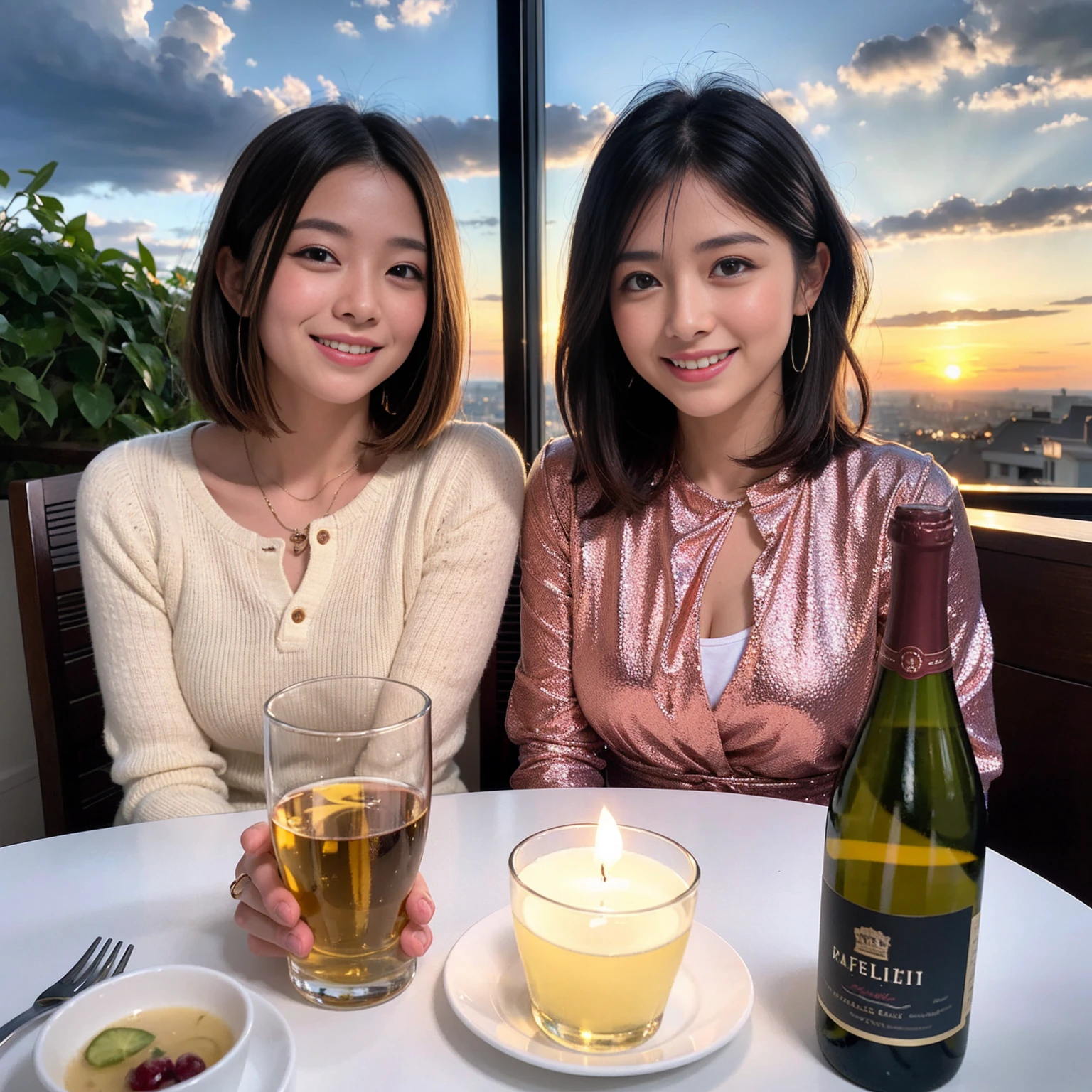 ((Highest quality、8K、masterpiece:1.3))、 (Genuineistic, Genuine、Bright image、Intricate details:1.2), 最高のsmile、1 male 1 female、Slim Body、Beautiful couple、Satomi Ishihara-like lover、Good friends、actress couple、smile、A full-course dinner with a full table、 (Slim face), (the body is slim), (Brown Hair), (short hair), テーブルのwine glass、Please shine a light on my face、 Amazing view of the sunset sky and clouds、 (Age 35)38 years old, red wine 、Wine bottle、sparkling wine、Long sleeve shirt、Pink Dress、White wine, red wine, wine glass,