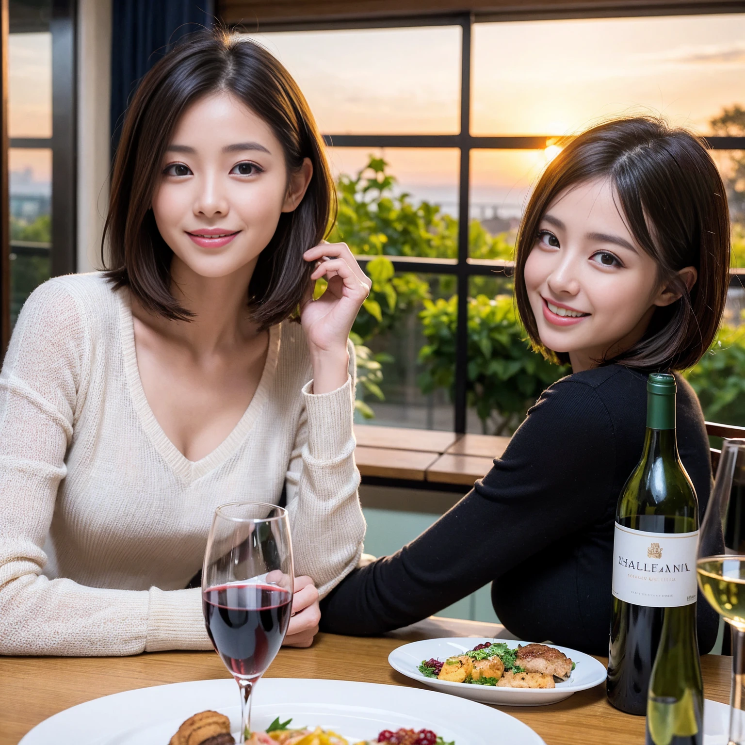 ((Highest quality、8K、masterpiece:1.3))、 (Genuineistic, Genuine、Bright image、Intricate details:1.2), 最高のsmile、1 male 1 female、Slim Body、Beautiful couple、Satomi Ishihara-like lover、Good friends、actress couple、smile、A full-course dinner with a full table、 (Slim face), (the body is slim), (Brown Hair), (short hair), テーブルのwine glass、Please shine a light on my face、 Amazing view of the sunset sky and clouds、 (Age 35)38 years old, red wine 、Wine bottle、sparkling wine、Long sleeve shirt、Pink Dress、White wine, red wine, wine glass,