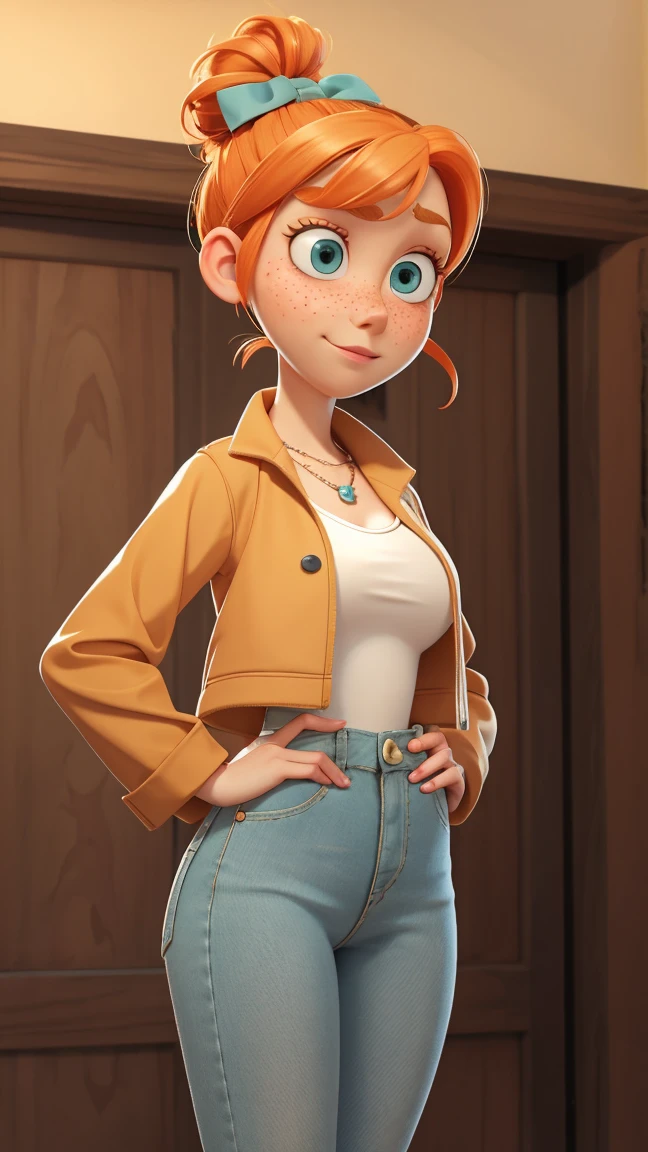 1girl, Orange hair in a bun, green eyes, slight smirk, freckles on cheeks, thin eyebrows, white necklace with a bow, teal jacket, pale skin, standing, cartoon, (pixar:1.2), Lucy Wilde, long nose, bangs, tight short jeans,full body view, wide hips, huge breasts, tight top, camel toe, large breasts, huge breasts, camel toe, wide hips